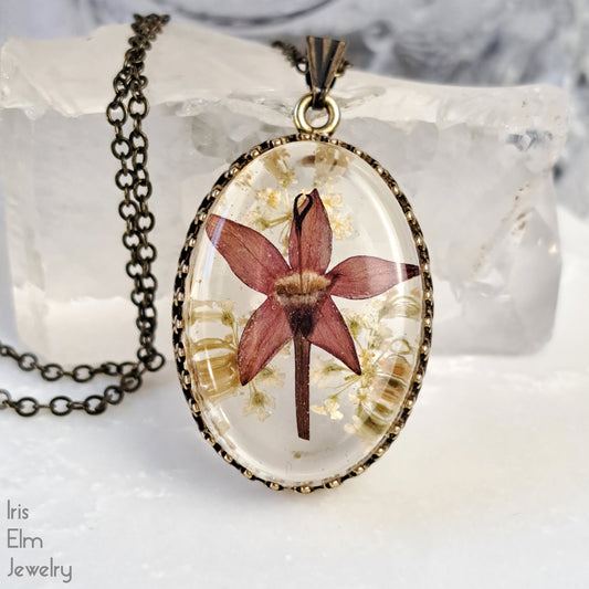 Dark Dusty Pink Pressed Flower in Resin Necklace - Antiqued Brass
