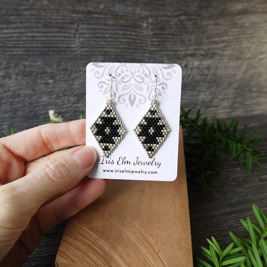 Black and Silver Southwestern Diamond Shape Seed Bead Earrings