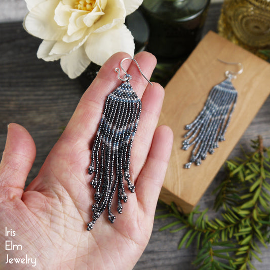 Charcoal Grey and Light Blue Seed Bead Fringe Earrings