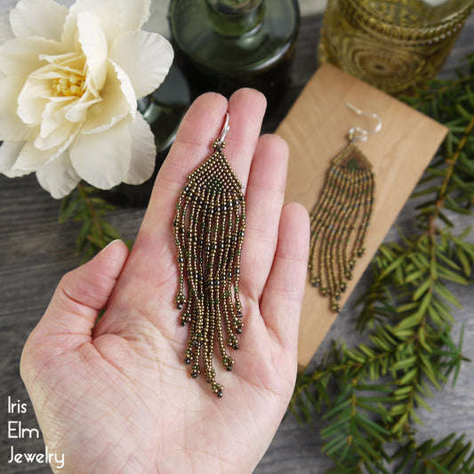Brown Earthtone Woven Seed Bead Fringe Earrings