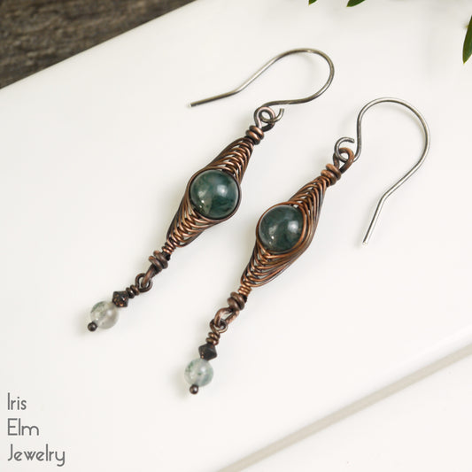 Green Moss Agate Copper Wire Herringbone Earrings