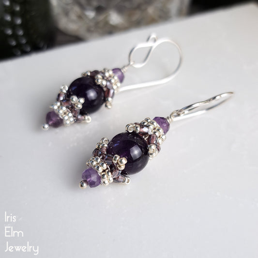 Dark Purple Amethyst Elegant Beaded Gemstone Drop Earrings