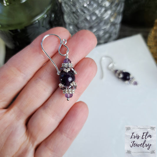 Dark Purple Amethyst Elegant Beaded Gemstone Drop Earrings