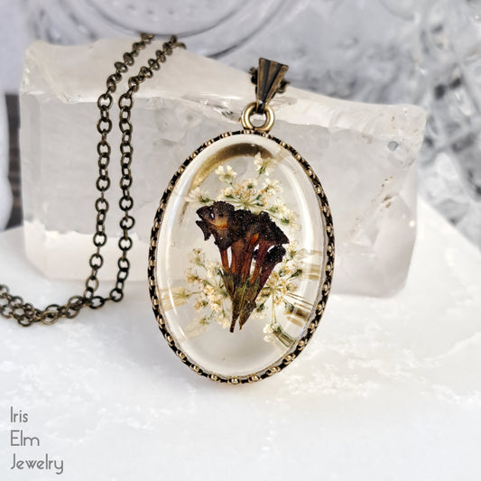 Dark Purple Pressed Wildflower in Resin Pendant Necklace