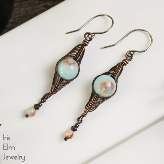 Impression Jasper Copper Wire Wrapped Herringbone Earrings