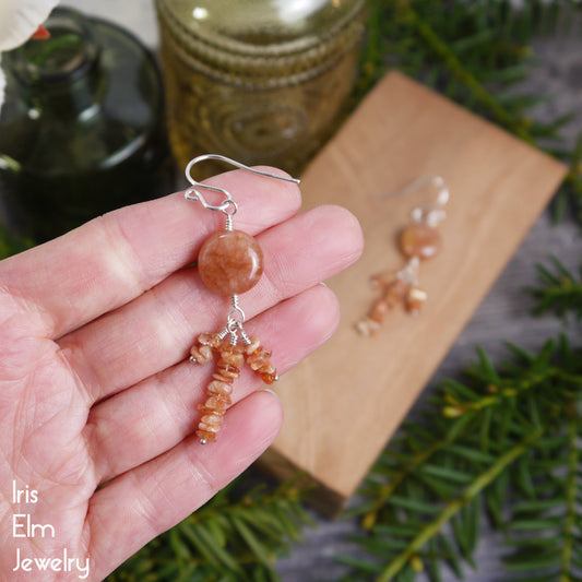 Peach Agate and Sunstone Chip Gemstone Dangle Earrings