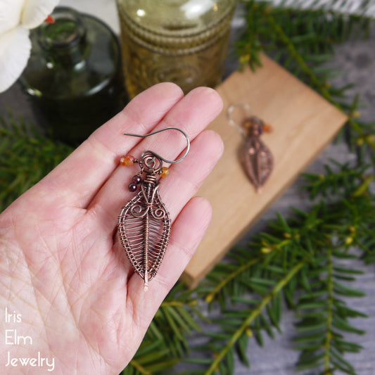Autumn Copper Wire Woven Leaf Earrings with Garnet and Carnelian