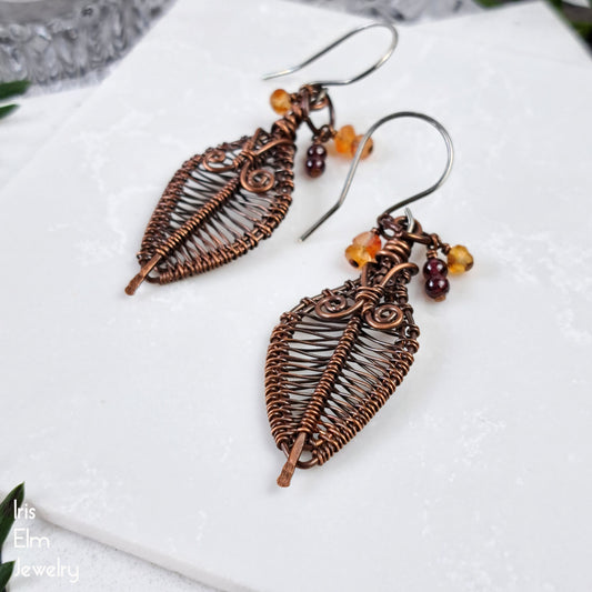 Autumn Copper Wire Woven Leaf Earrings with Garnet and Carnelian