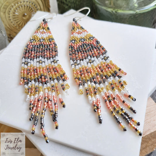 Bohemian Pink, Yellow, White, and Grey Patterned Seed Bead Fringe Earrings
