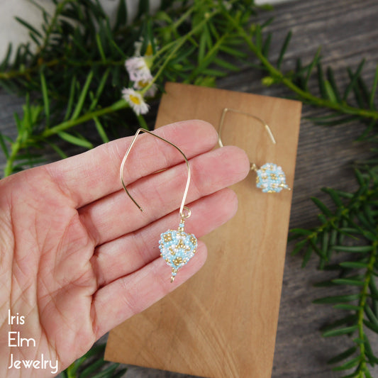 Light Blue, Gold, and White Small Beaded Triangle Drop Earrings