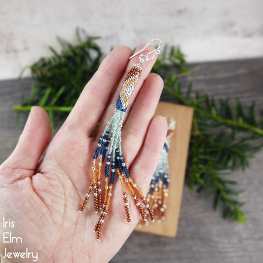 Orange and Blue Seed Bead Tassel Earrings