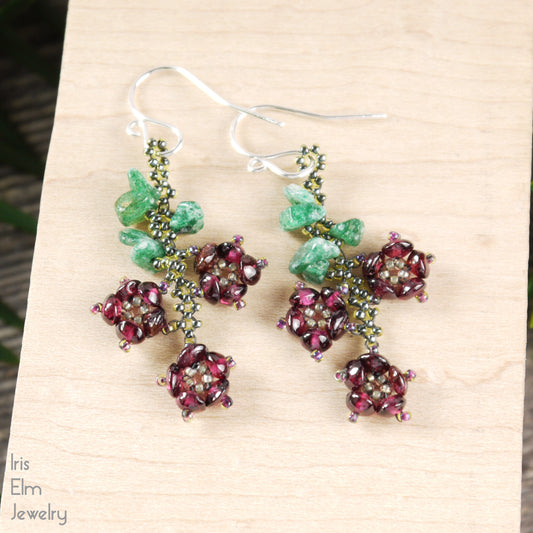 Garnet and Aventurine Gemstone Beadwork Flower Earrings