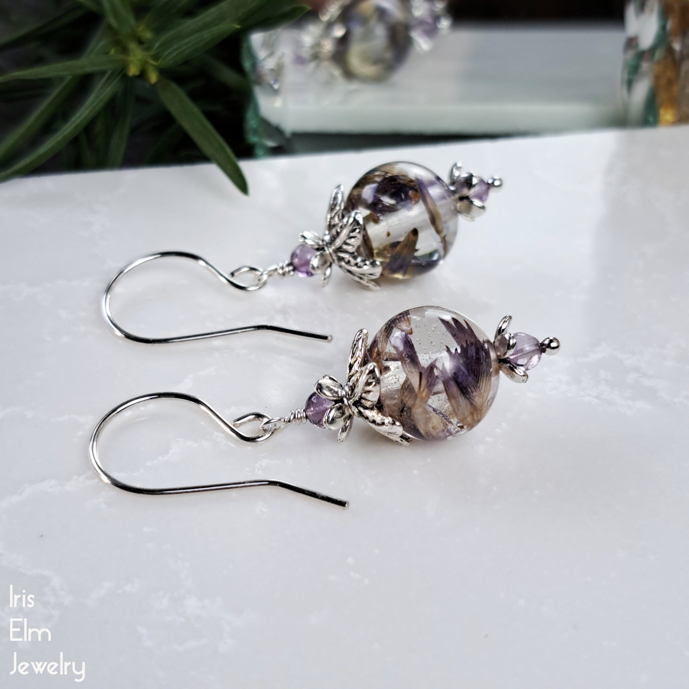 Anise Hyssop Real Purple Wildflower Dangle Earrings with Amethyst
