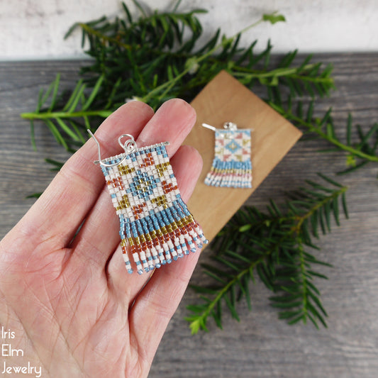 Blue, Orange, and Yellow Quilt Block Seed Bead Fringe Earrings