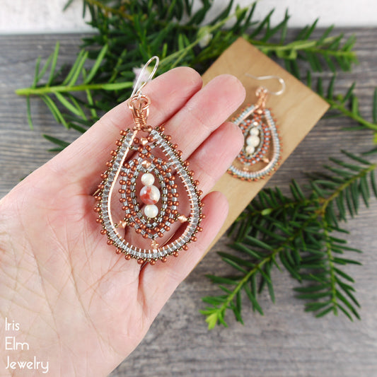 Impression Jasper Beadwork Copper Teardrop Statement Earrings