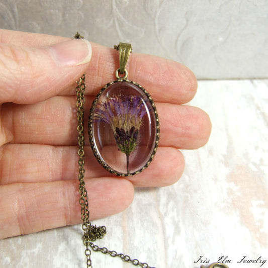 Purple Minnesota Wildflower Pendant Necklace - Antiqued Brass