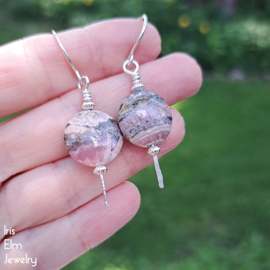 Pink Rhodochrosite Sterling Silver Drop Earrings