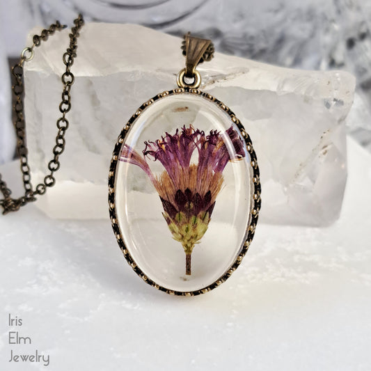 Purple Minnesota Wildflower Pendant Necklace - Antiqued Brass