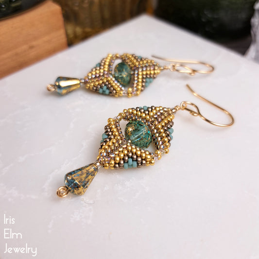 Art Deco Aqua and Gold Glass Beadwork Earrings