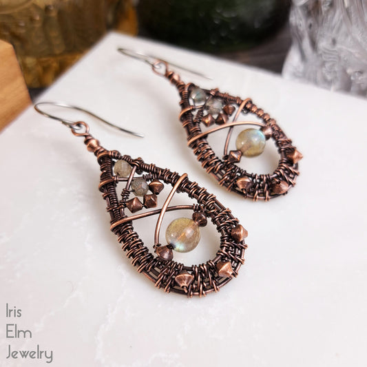 Boho Wire Woven Labradorite Teardrop Earrings