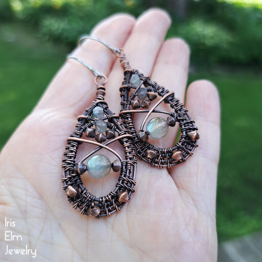Boho Wire Woven Labradorite Teardrop Earrings