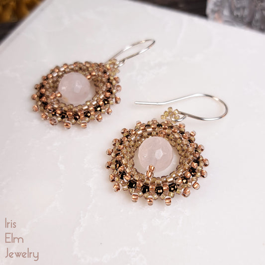 Pale Pink Rose Quartz Beadwoven Wreath Earrings