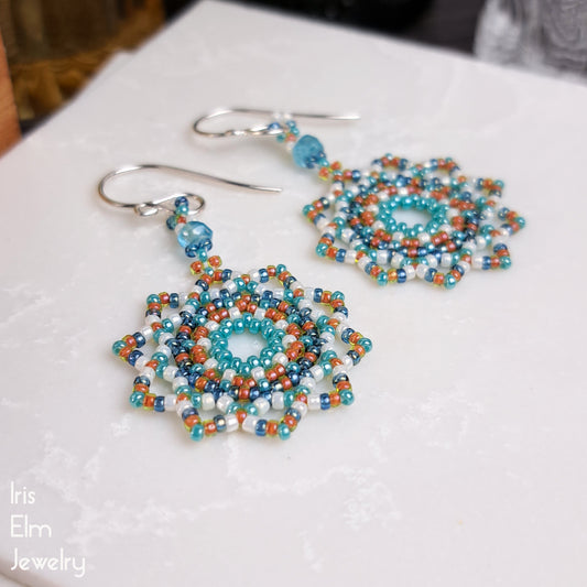 Blue, Orange, and White Woven Seed Bead Mandala Earrings with Apatite