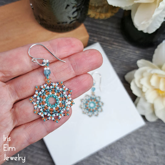 Blue, Orange, and White Woven Seed Bead Mandala Earrings with Apatite
