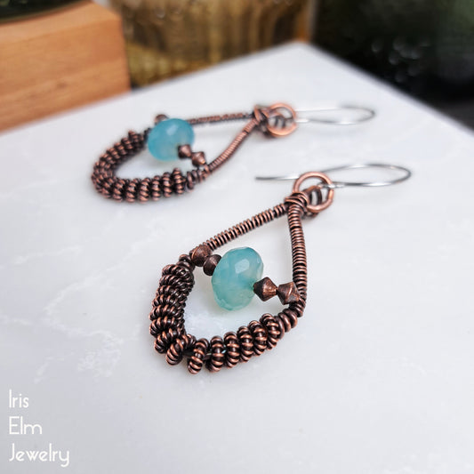 Copper Coiled Wire Wrapped Blue Chalcedony Teardrop Earrings