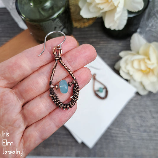 Copper Coiled Wire Wrapped Blue Chalcedony Teardrop Earrings