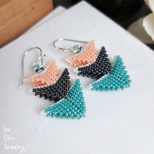 Coral Pink, Charcoal Grey, and Turquoise Tiered Triangle Seed Bead Earrings