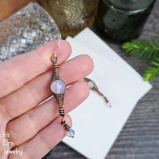 Opalite Copper Wire Wrapped Herringbone Earrings