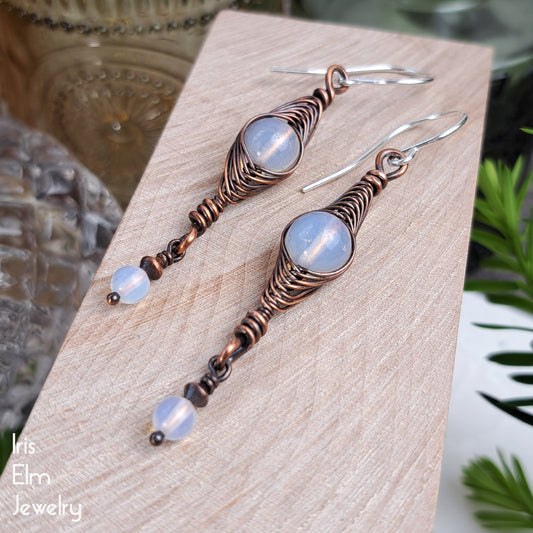 Opalite Copper Wire Wrapped Herringbone Earrings