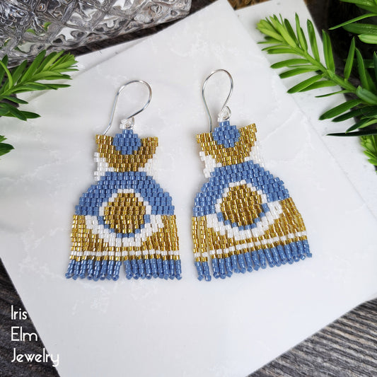 Yellow and Blue Modern Half Circle Seed Bead Fringe Earrings