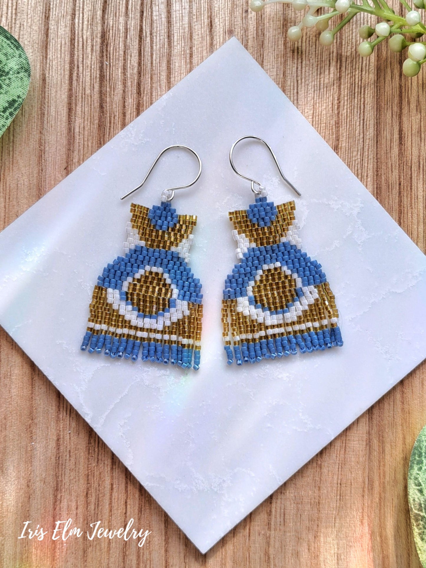 Yellow and Blue Modern Half Circle Seed Bead Fringe Earrings