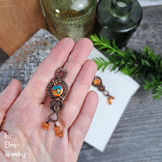 Ocean Jade and Carnelian Copper Wire Wrapped Boho Dangle Earrings