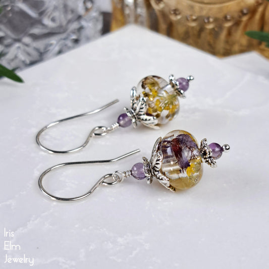 Small Purple and Yellow Wildflower Resin Drop Earrings with Amethyst