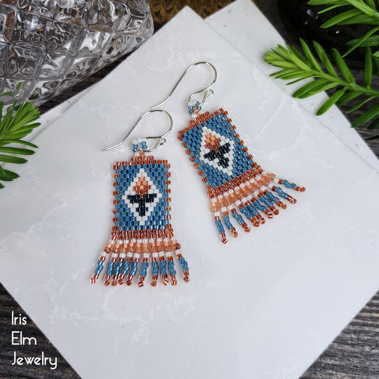 Small Blue and Peach Tulip Glass Beaded Fringe Earrings