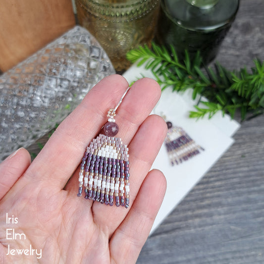 Mauve and Lilac Purple Small Half Circle Fringe Earrings with Lepidolite