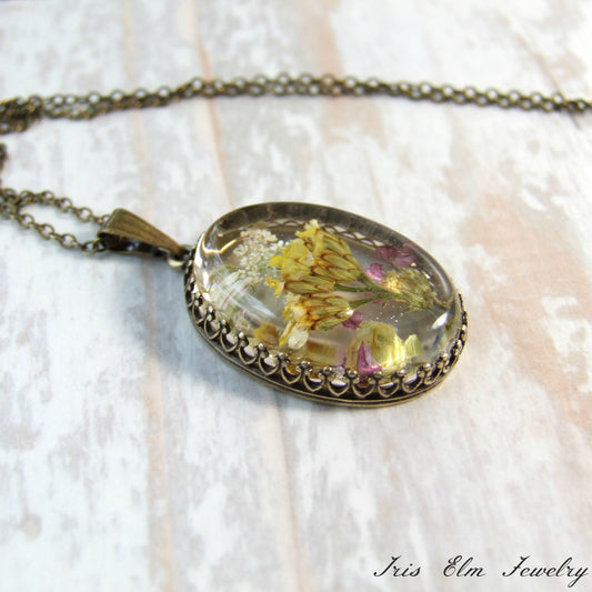 Resin Minnesota Wildflower Pendant Necklace - Antiqued Brass