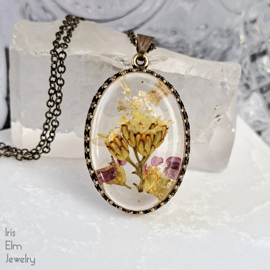 Resin Minnesota Wildflower Pendant Necklace - Antiqued Brass