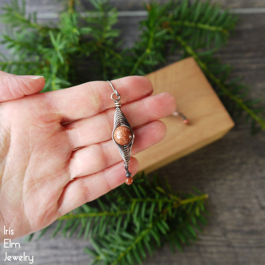 Brown Goldstone Copper Wire Wrapped Herringbone Earrings