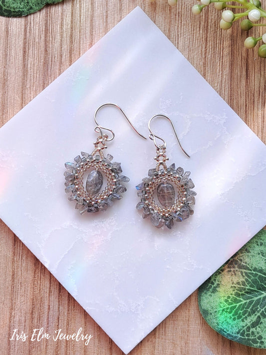 Decorative labradorite beaded boho earrings on a white tile with 'Iris Elm Jewelry' branding.
