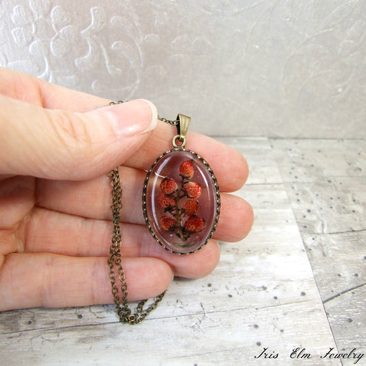 Red Sumac Berries Resin Pendant Necklace - Antiqued Brass