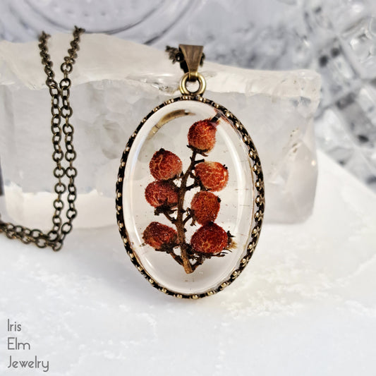 Red Sumac Berries Resin Pendant Necklace - Antiqued Brass