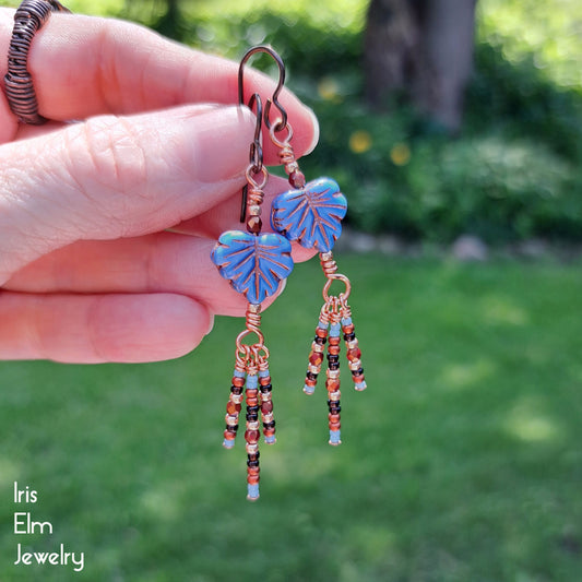 Blue Glass Leaf Bead Dangle Earrings