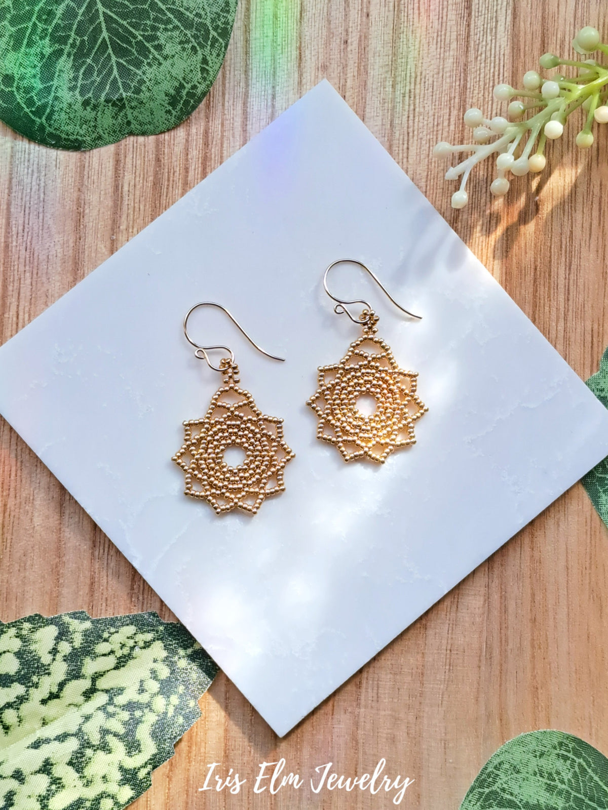 Small Gold Glass Seed Bead Woven Mandala Earrings