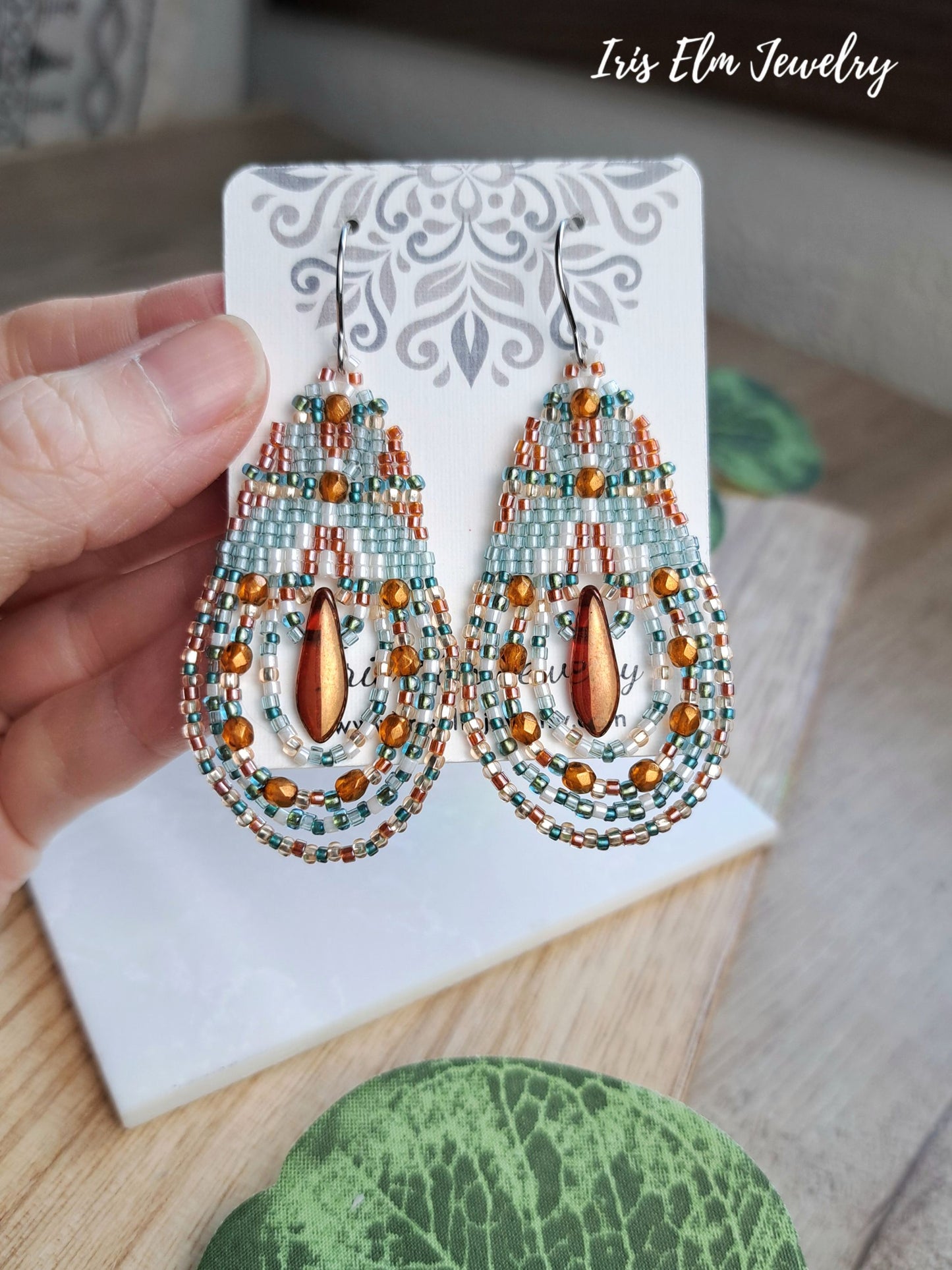 Burnt Orange, Turquoise Blue, and White Bohemian Glass Beaded Teardrop Earrings