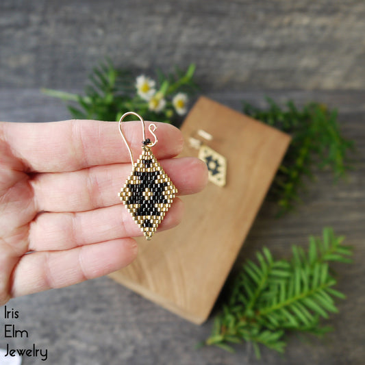 Black and Gold Southwestern Diamond Shape Seed Bead Earrings