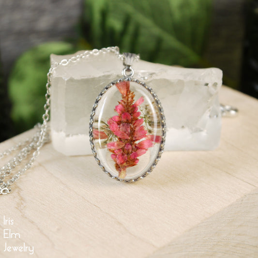 Pink Wildflower in Resin Pendant Necklace - Antiqued Silver Tone